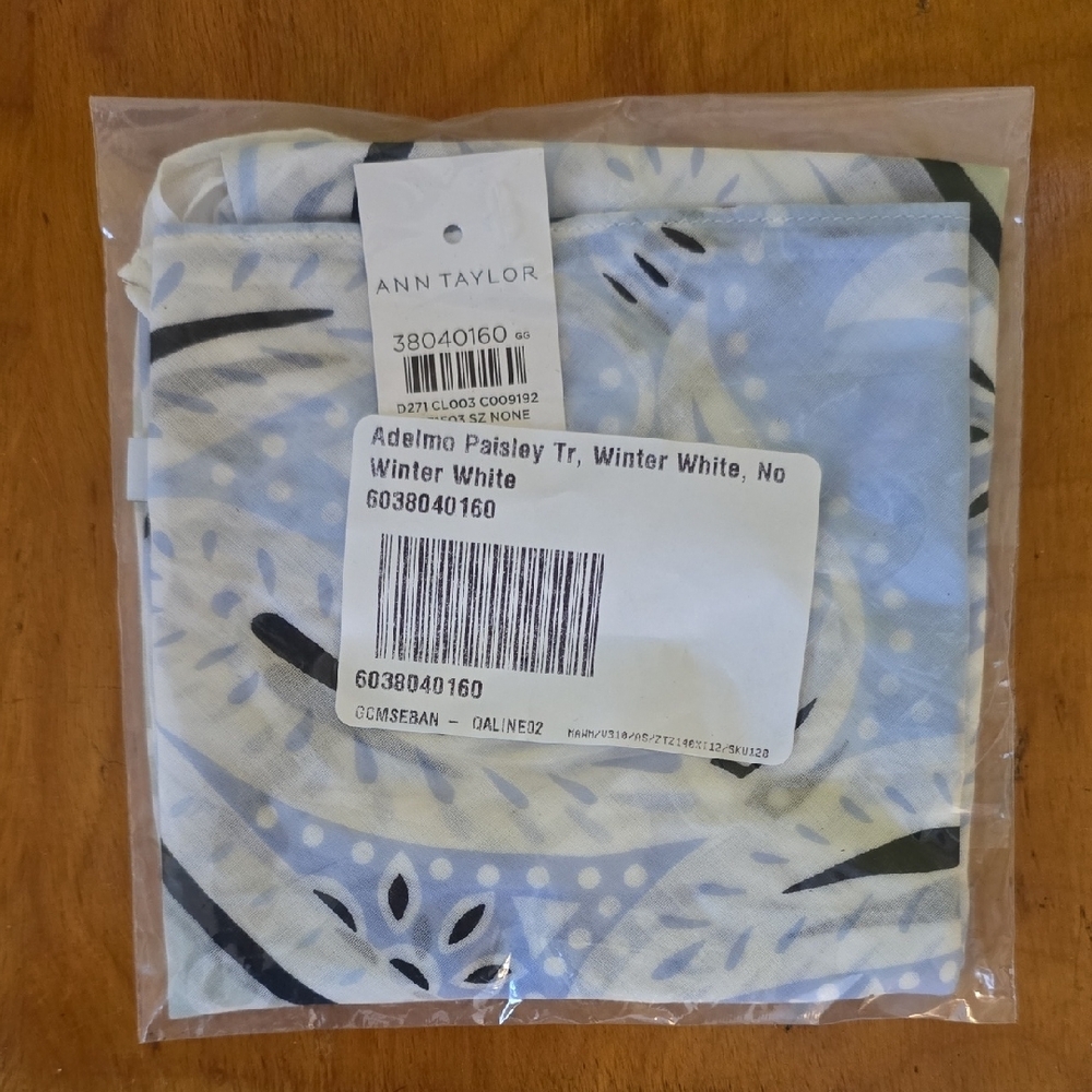 Ann Taylor Adelmo Paisley Winter White and Blue SILK Scarf New In Bag - Picture 2 of 3